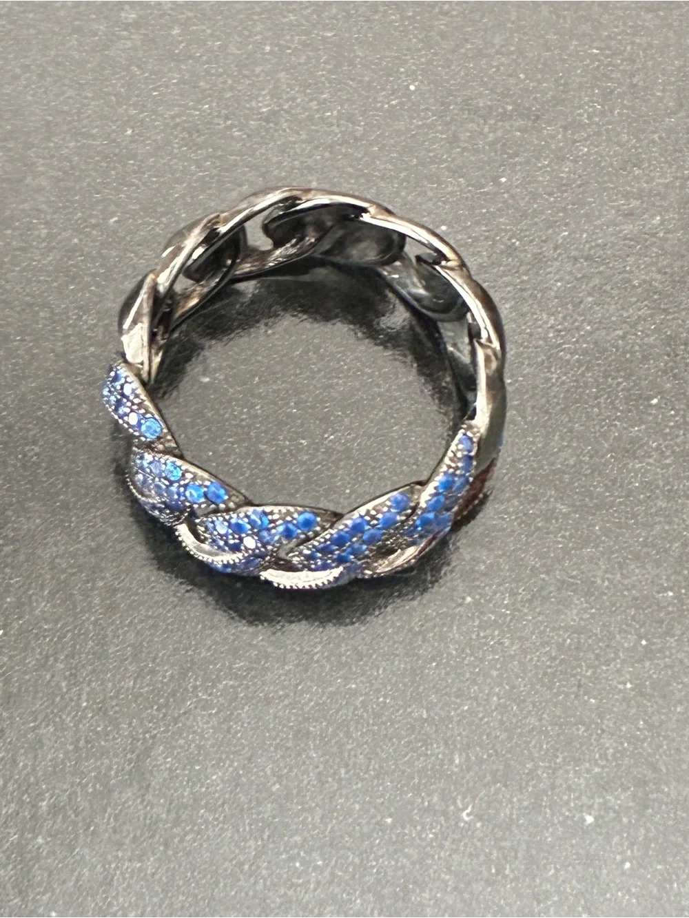 925 Sterling Silver Blue Pavé Chain Ring Sz 7- Statement/ Black Rhodium.